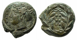 Sicily, Himera, c. 420-407 BC. Æ Hemilitron (15mm, 5.22g, 7h). Head of nymph l.; six pellets before. R/ Six pellets within wreath. CNS I, 35; SNG ANS ...