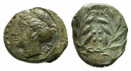 Sicily, Himera, c. 420-407 BC. Æ Hemilitron (16.5mm, 4.07g, 9h). Head of nymph l.; six pellets before. R/ Six pellets within wreath. CNS I, 35; SNG AN...