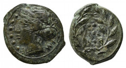 Sicily, Himera, c. 420-407 BC. Æ Hemilitron (17mm, 3.43g, 1h). Head of nymph l.; six pellets before. R/ Six pellets within wreath. CNS I, 35; SNG ANS ...