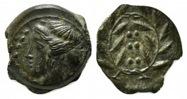 Sicily, Himera, c. 420-407 BC. Æ Hemilitron (16mm, 4.00g, 10h). Head of nymph l.; six pellets before. R/ Six pellets within wreath. CNS I, 35; SNG ANS...
