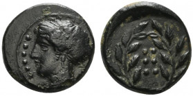 Sicily, Himera, c. 420-407 BC. Æ Hemilitron (17mm, 4.31g, 11h). Head of nymph l.; six pellets before. R/ Six pellets within wreath. CNS I, 35; SNG ANS...