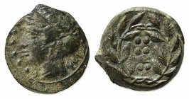 Sicily, Himera, c. 420-407 BC. Æ Hemilitron (16.5mm, 3.48g, 3h). Head of nymph l.; six pellets before. R/ Six pellets within wreath. CNS I, 35; SNG AN...