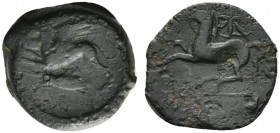 Sicily, "Kainon", c. 360-340 BC. Æ (23mm, 9.79g, 6h). Griffin springing l.; below, grasshopper l. R/ Horse prancing l., trailing rein; star above. Cam...