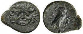 Sicily, Kamarina, c. 420-405 BC. Æ Onkia (15mm, 1.63g, 12h). Facing gorgoneion. R/ Owl standing r., head facing, grasping lizard in talons; Γ(?) to r....