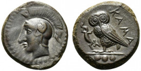 Sicily, Kamarina, c. 410-405 BC. Æ Tetras (14mm, 2.63g, 8h). Head of Athena l., wearing crested Corinthian helmet. R/ Owl standing l., grasping lizard...