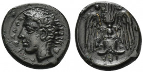 Sicily, Katane, c. 415-404 BC. Æ Tetras or Trionkion (14mm, 2.18g, 3h). Horned head of Amenanos l.; ivy-leaf behind. R/ Winged thunderbolt; three pell...