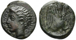 Sicily, Katane, c. 415-404 BC. Æ Tetras or Trionkion (14mm, 2.37g, 6h). Horned head of Amenanos l.; ivy-leaf behind. R/ Winged thunderbolt; three pell...
