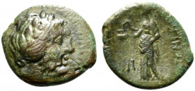 Sicily, Katane(?), c. late 3rd - early 2nd century BC. Æ (15mm, 2.36g, 5h). Laureate head of Apollo r. R/ Aphrodite standing l. Cf. CNS III 24; HGC 2,...