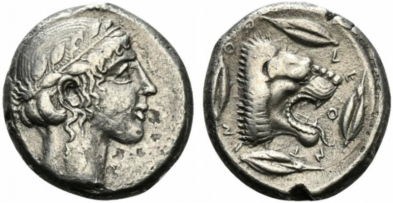 Sicily, Leontinoi, c. 450-440 BC. AR Tetradrachm (25mm, 16.97g, 11h). Laureate h...