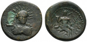 Sicily, Leontinoi, after c. 210 BC. Æ (21.5mm, 8.00g, 12h). Bust of Demeter facing, wreathed with grain-stalks radiating; plow to l. R/ River-god seat...