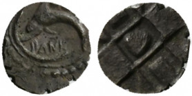 Sicily, Messana as Zancle, c. 500-493 BC. AR Hexas or Dionkion (5mm, 0.15g). Dolphin l. within sickle-shaped harbor. R/ Nine-part incuse square with s...