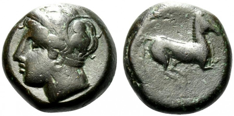 Sicily, Carthaginian Domain, c. 375-350 BC. Æ (15.5mm, 2.92g, 6h). Wreathed head...