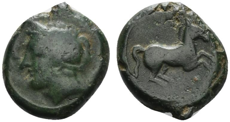 Sicily, Carthaginian Domain, c. 375-350 BC. Æ (18mm, 5.75g, 6h). Wreathed head o...