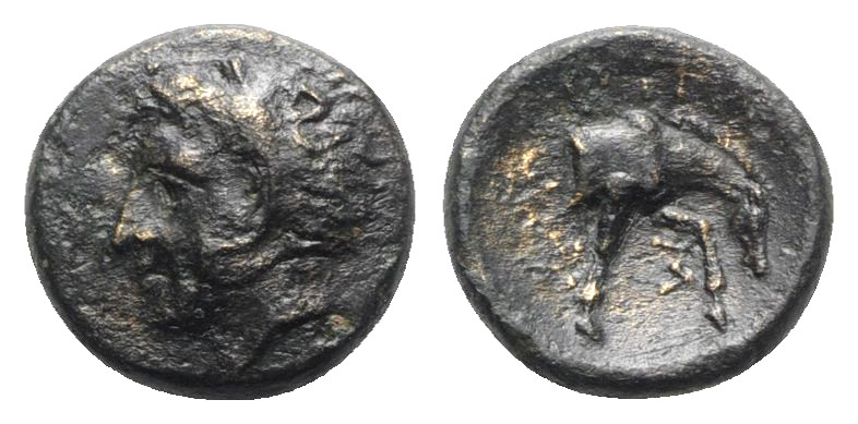 Thessaly, Skotussa, c. 394-367 BC. Æ (15mm, 3.19g, 12h). Head of Herakles l., we...