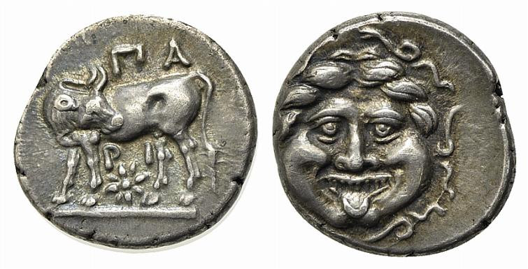 Mysia, Parion, 4th century BC. AR Hemidrachm (14mm, 2.43g, 11h). Facing gorgonei...