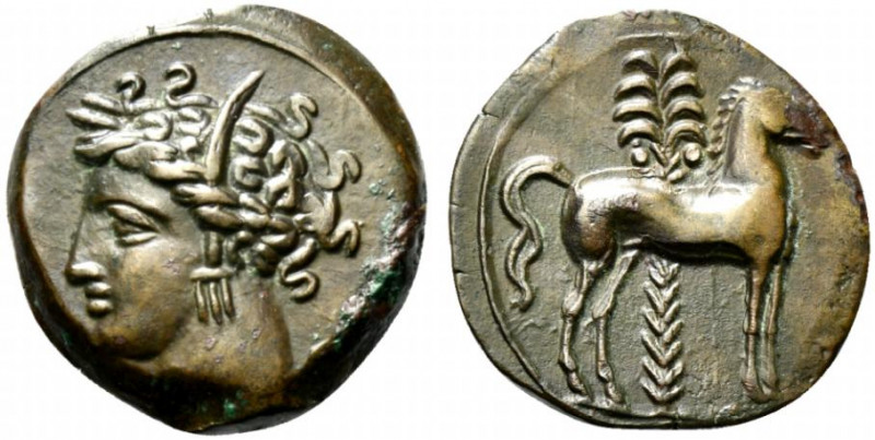 Carthage, c. 400-350 BC. Æ (15mm, 4.79g, 3h). Wreathed head of Tanit l. R/ Horse...