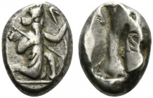 Achaemenid Kings of Persia, c. 485-420 BC. AR Siglos (16mm, 5.57g). Persian king or hero, wearing kidaris and kandys, quiver over shoulder, in kneelin...