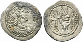 Sasanian Kings of Persia, Vahrām V (420-438). AR Drachm (30mm, 4.19g, 3h). ST (Istakhr - Persepolis). Bust r., wearing mural crown with korymbos set o...