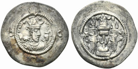 Sasanian Kings of Persia. Khusrau I (531-579). AR Drachm (29mm, 3.94g, 3h). LD (Ray), year 1. Crowned bust r. R/ Two attendants beside fire altar. Göb...