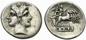 Anonymous, Rome, c. 225-212 BC. AR Quadrigatus (25mm, 6.43g, 10h). Laureate head of Janus. R/ Jupiter, holding sceptre and thunderbolt, in quadriga dr...