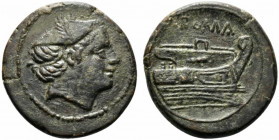 Anonymous, Rome, 217-215 BC. Æ Semuncia (20.5mm, 6.32g, 3h). Head of Mercury r., wearing winged petasus. R/ Prow r. Crawford 38/7; RBW 100. VF