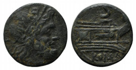 Anonymous, after 211 BC. Æ Semis (21mm, 6.13g, 3h). Laureate head of Saturn r. R/ Prow of galley r. Crawford 56/3; RBW 203-4. Near VF