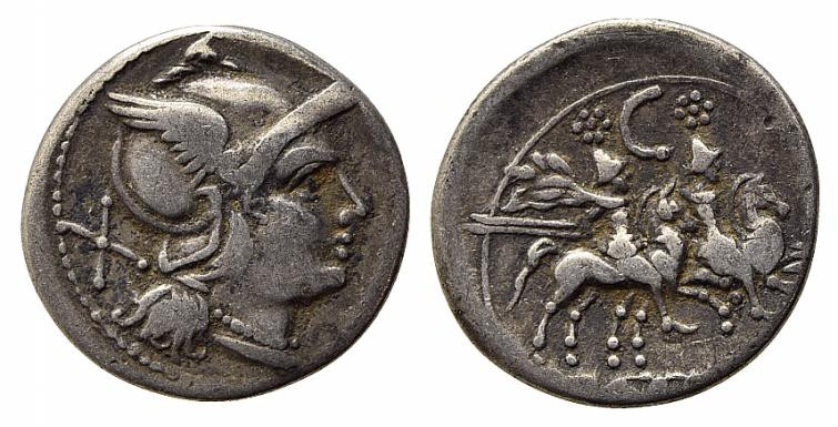 C series, Etruria (?), c. 209-208 BC. AR Denarius (19mm, 3.36g, 9h). Helmeted he...