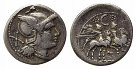 C series, Etruria (?), c. 209-208 BC. AR Denarius (19mm, 3.36g, 9h). Helmeted head of Roma r. R/ The Dioscuri on horseback riding r.; C above. Crawfor...