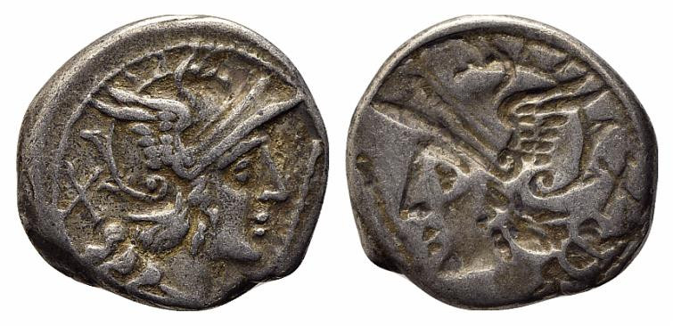 Staff and feather series, Uncertain mint, c. 206-200 BC. AR Brockage Denarius (1...