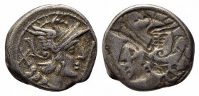 Staff and feather series, Uncertain mint, c. 206-200 BC. AR Brockage Denarius (17.5mm, 3.62g, 12h). Helmeted head of Roma r.; staff before. R/ Incuse ...