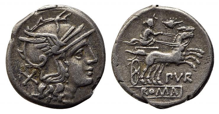 Furius Purpurio, Rome, 169-158 BC. AR Denarius (17.5mm, 3.28g, 9h). Helmeted hea...