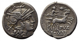 Furius Purpurio, Rome, 169-158 BC. AR Denarius (17.5mm, 3.28g, 9h). Helmeted head of Roma r. R/ Diana or Luna Lucifera, wearing crescent on head, driv...