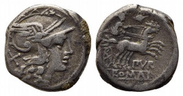 Furius Purpurio, Rome, 169-158 BC. AR Denarius (17mm, 3.74g, 3h). Helmeted head of Roma r. R/ Diana or Luna Lucifera, wearing crescent on head, drivin...