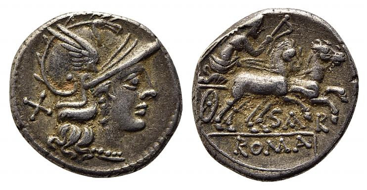 Atilius Saranus, Rome, 155 BC. AR Denarius (17.5mm, 3.26g, 1h). Helmeted head of...