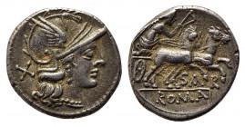 Atilius Saranus, Rome, 155 BC. AR Denarius (17.5mm, 3.26g, 1h). Helmeted head of Roma r. R/ Victory driving galloping biga r., holding reins and whip....