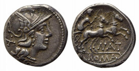 Pinarius Natta, Rome, 155 BC. AR Denarius (18mm, 3.89g, 11h). Head of Roma r. R/ Victory driving galloping biga r., holding whip and reins; NAT below....