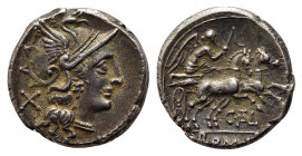 C. Thalna, Rome, 154 BC. AR Denarius (17mm, 4.22g, 9h). Helmeted head of Roma r. R/ Victory driving galloping biga r., holding reins and whip. Crawfor...