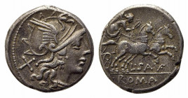 L. Saufeius, Rome, 152 BC. AR Denarius (18mm, 3.50g, 9h). Helmeted head of Roma r. R/ Victory, holding reins and whip, driving galloping biga r. Crawf...