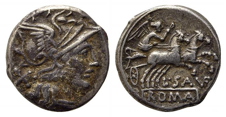 L. Saufeius, Rome, 152 BC. AR Denarius (18.5mm, 3.99g, 6h). Helmeted head of Rom...