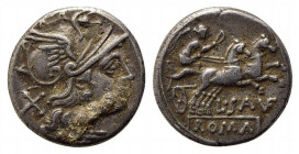 L. Saufeius, Rome, 152 BC. AR Denarius (17mm, 3.83g, 7h). Helmeted head of Roma r. R/ Victory, holding reins and whip, driving galloping biga r. Crawf...