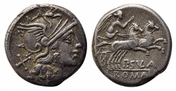 Pub. Sulla, Rome, 151 BC. AR Denarius (17.5mm, 3.81g, 2h). Helmeted head of Roma...