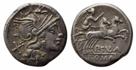 Pub. Sulla, Rome, 151 BC. AR Denarius (17.5mm, 3.81g, 2h). Helmeted head of Roma r. R/ Victory, holding whip, driving biga r. Crawford 205/1; RBW 879;...