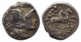 Pinarius Natta, Rome, 155 BC. AR Denarius (17mm, 3.52g, 6h). Head of Roma r. R/ Victory driving galloping biga r., holding whip and reins; NAT(TA) bel...