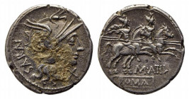 M. Atilius Saranus, Rome, 148 BC. AR Denarius (19mm, 3.62g, 6h). Helmeted head of Roma r. R/ Dioscuri on horseback riding r. Crawford 214/1c; RBW 906;...