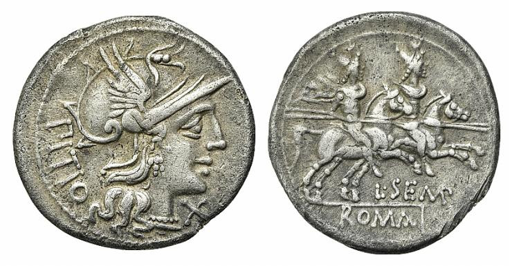 L. Sempronius Pitio, Rome, 148 BC. AR Denarius (21mm, 3.88g, 3h). Helmeted head ...