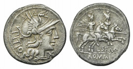 L. Sempronius Pitio, Rome, 148 BC. AR Denarius (21mm, 3.88g, 3h). Helmeted head of Roma r. R/ Dioscuri on horseback riding r. Crawford 216/1; RBW 926;...