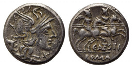 C. Antestius, Rome, 146 BC. AR Denarius (17.5mm, 3.93g, 9h). Helmeted head of Roma r.; dog upward behind. R/ The Dioscuri, each holding spear, on hors...