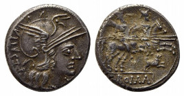 C. Antestius, Rome, 146 BC. AR Denarius (18mm, 3.49g, 6h). Helmeted head of Roma r. R/ The Dioscuri riding r.; below, dog running r. Crawford 219/1e; ...