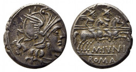 M. Junius Silanus, Rome, 145 BC. AR Denarius (17.5mm, 3.80g, 11h). Helmeted head of Roma r.; head of ass behind. R/ Dioscuri riding r. Crawford 220/1;...