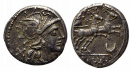 Anonymous, Rome, 143 BC. AR Denarius (17.5mm, 4.07g, 9h). Helmeted head of Roma r. R/ Diana, holding torch, driving biga of stags r.; crescent below. ...